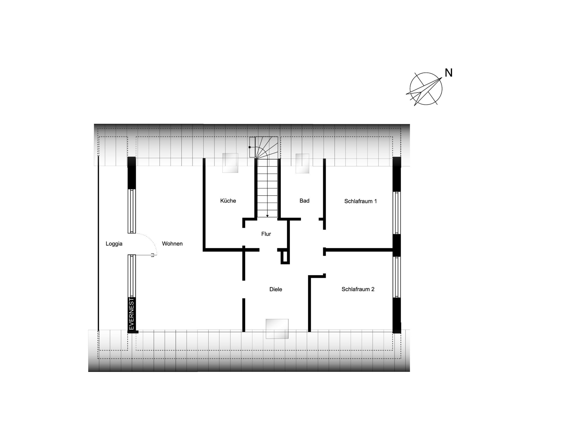 Grundriss einer Wohnung mit Küche, Bad, zwei Schlafräumen, Wohnzimmer, Loggia und Diele.