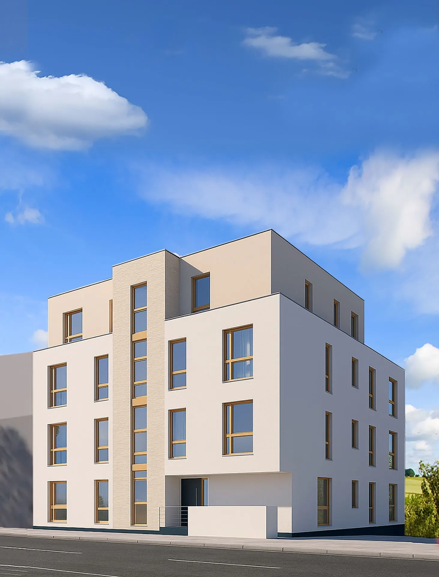 Modernes, mehrstöckiges Wohngebäude mit großen Fenstern und hellem Putz an einer Straße.