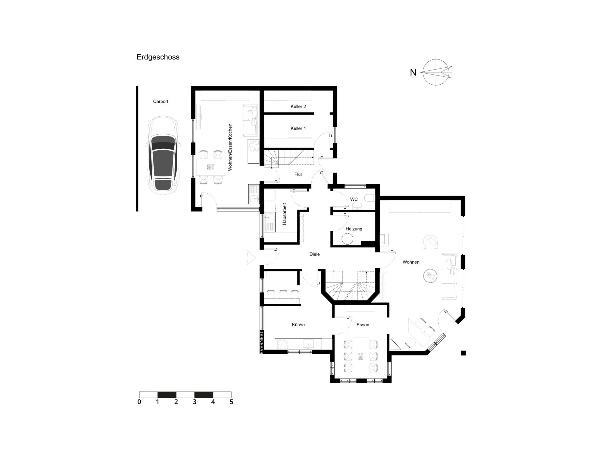 Grundriss des Erdgeschosses mit Küche, Wohnraum, Essbereich, WC und Carport.