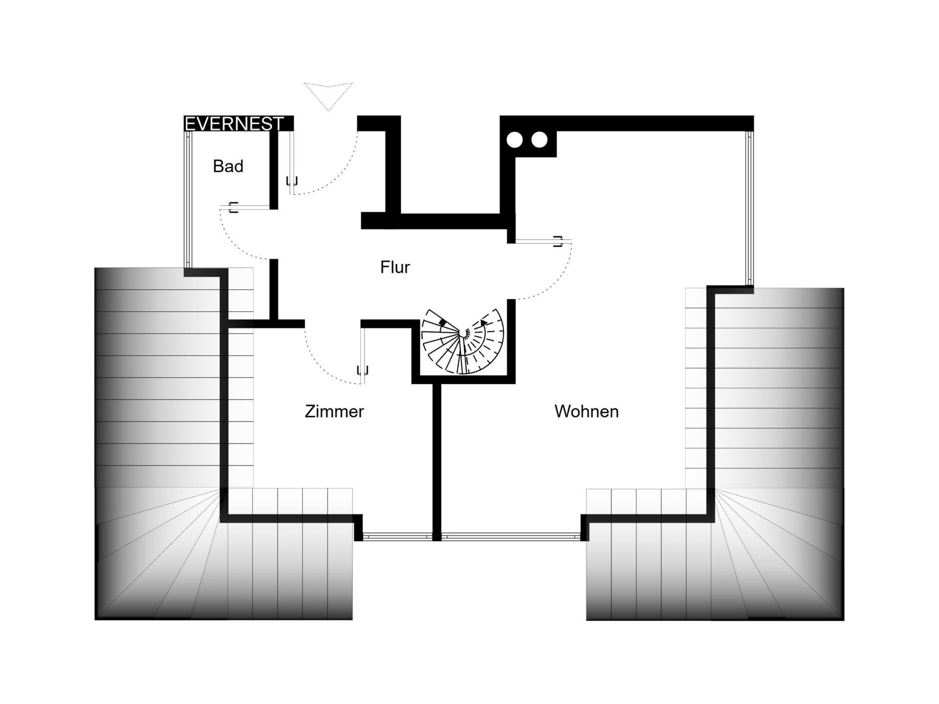 Grundriss mit Flur, Zimmer, Bad, Wohnbereich und Wendeltreppe.