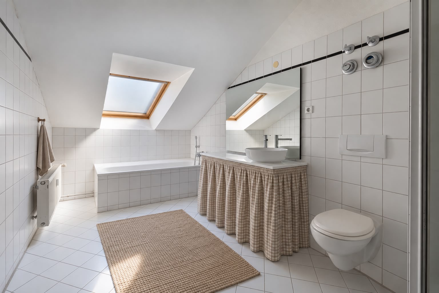 Helles Badezimmer mit Dachfenster, Badewanne, Waschbecken, großem Spiegel und WC.
