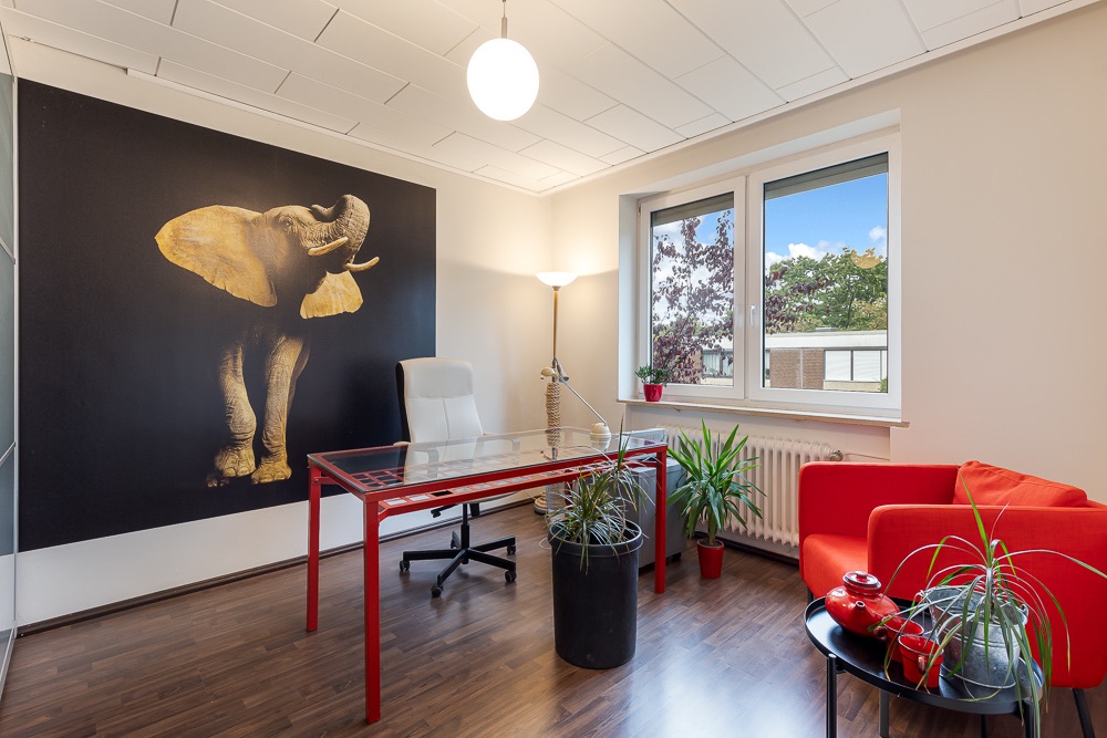 Modernes Arbeitszimmer mit rotem Schreibtisch, Sessel, Pflanzen und großem Elefantenbild an der Wand.