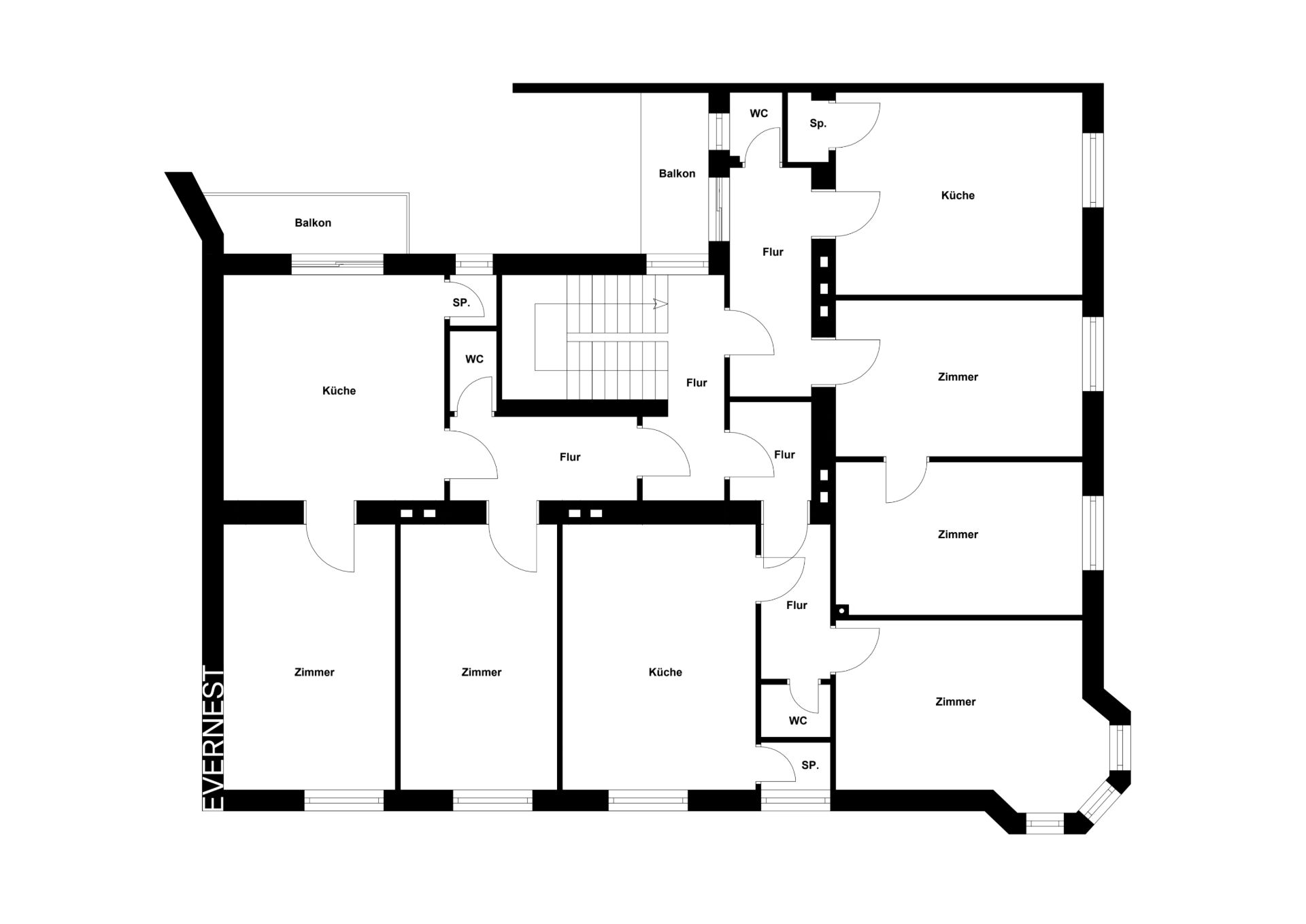 Grundriss einer Wohnung mit mehreren Zimmern, Küchen, Fluren, Bädern und zwei Balkonen.