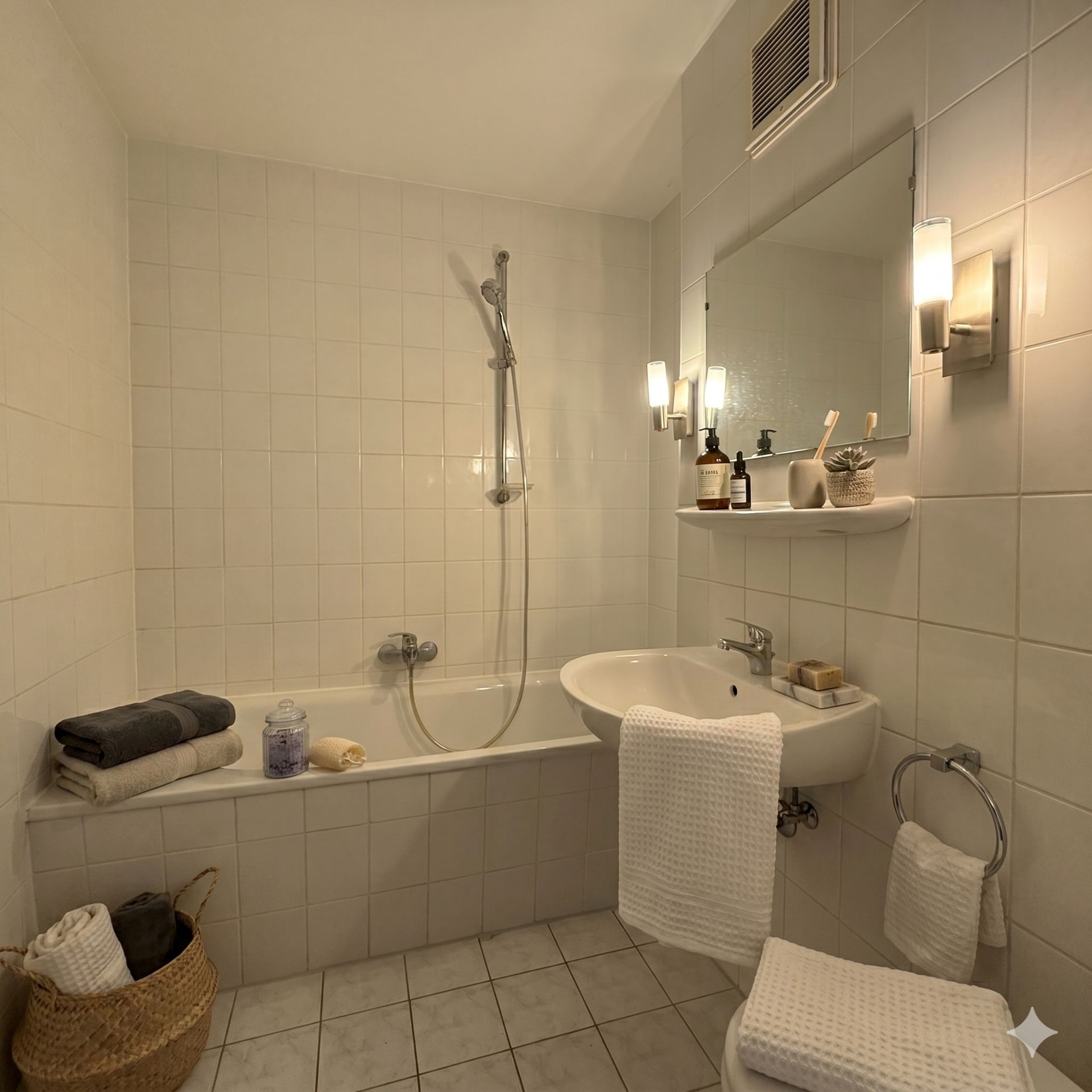 Helles Badezimmer mit Badewanne, Waschbecken, Spiegel und weißen Fliesen.