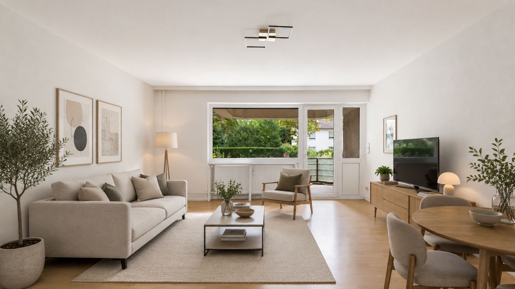Helles Wohnzimmer mit Sofa, Sessel, Couchtisch, Esstisch und großen Fenstern zum Garten.