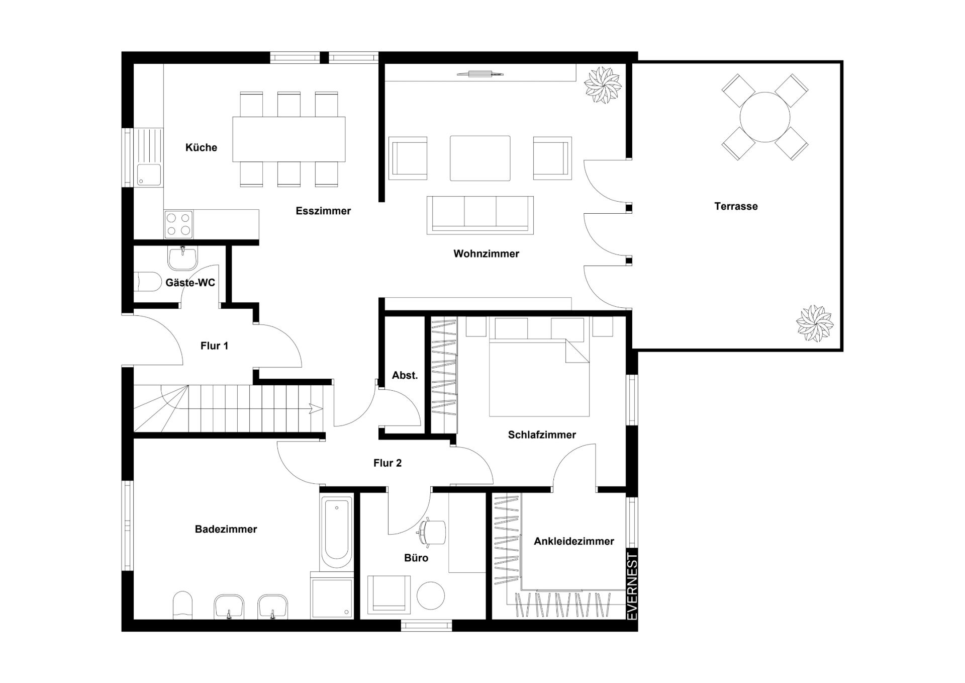 Grundriss einer Wohnung mit Wohnzimmer, Schlafzimmer, Küche, Bad, Büro und Terrasse.