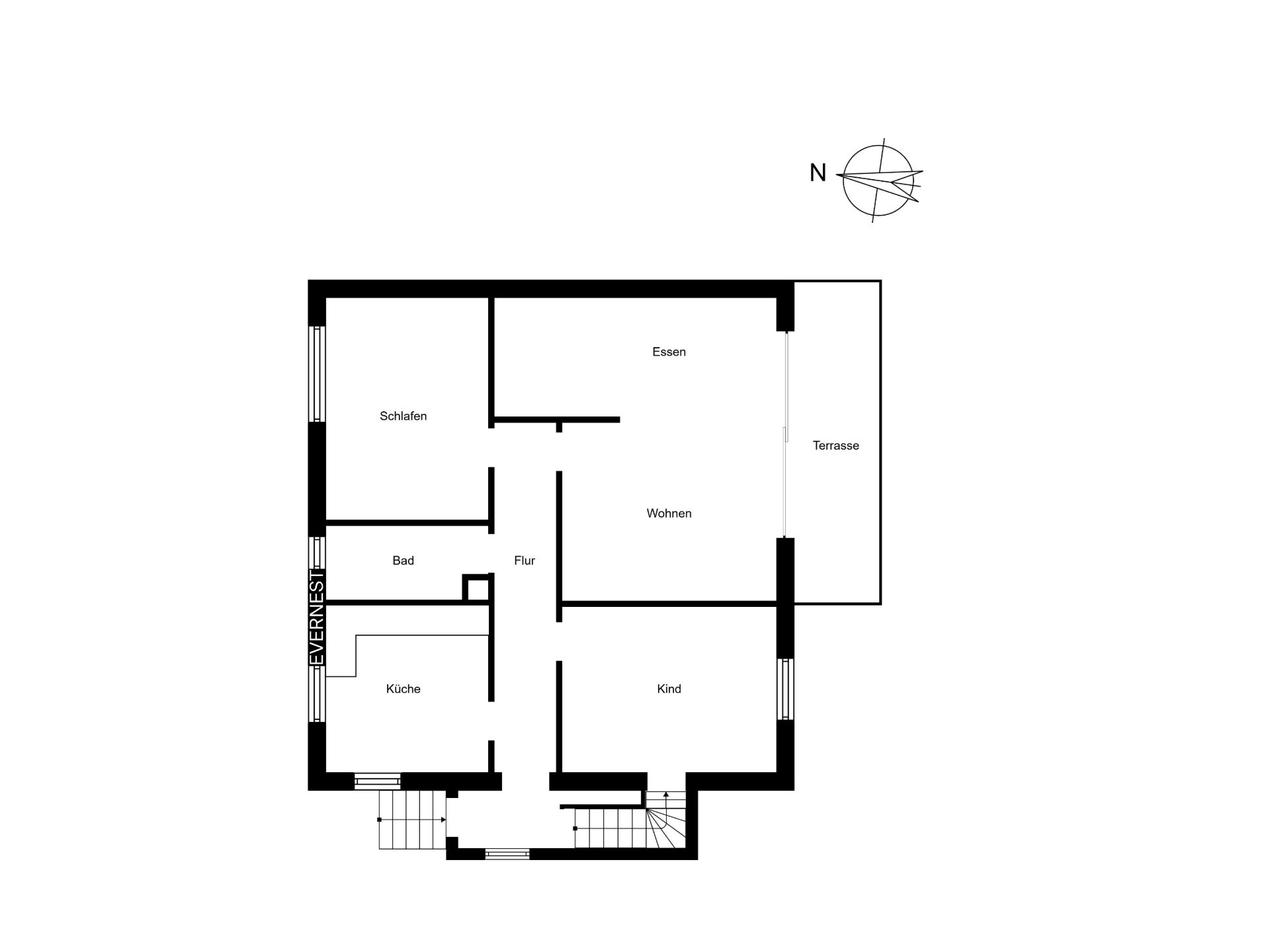 Grundriss mit Räumen: Schlafen, Bad, Küche, Kind, Essen, Wohnen, Flur und Terrasse.