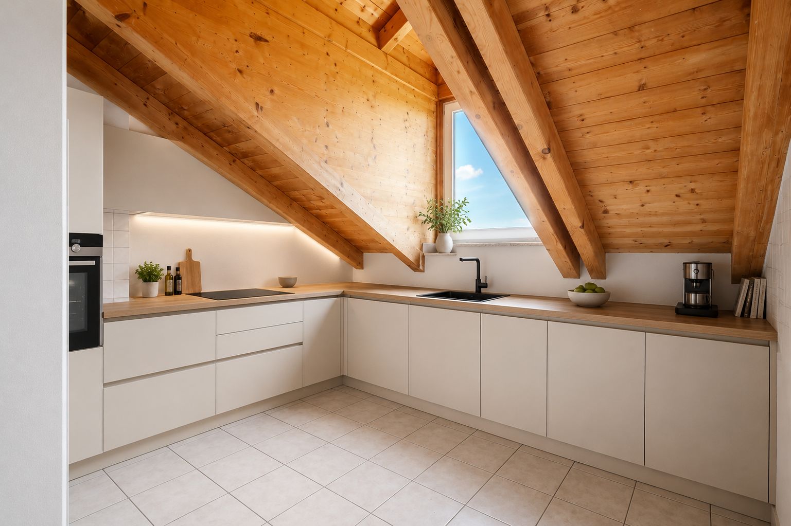 Helle Einbauküche mit Holzdecke, Schräge und Fenster, moderne Geräte und Deko sichtbar.