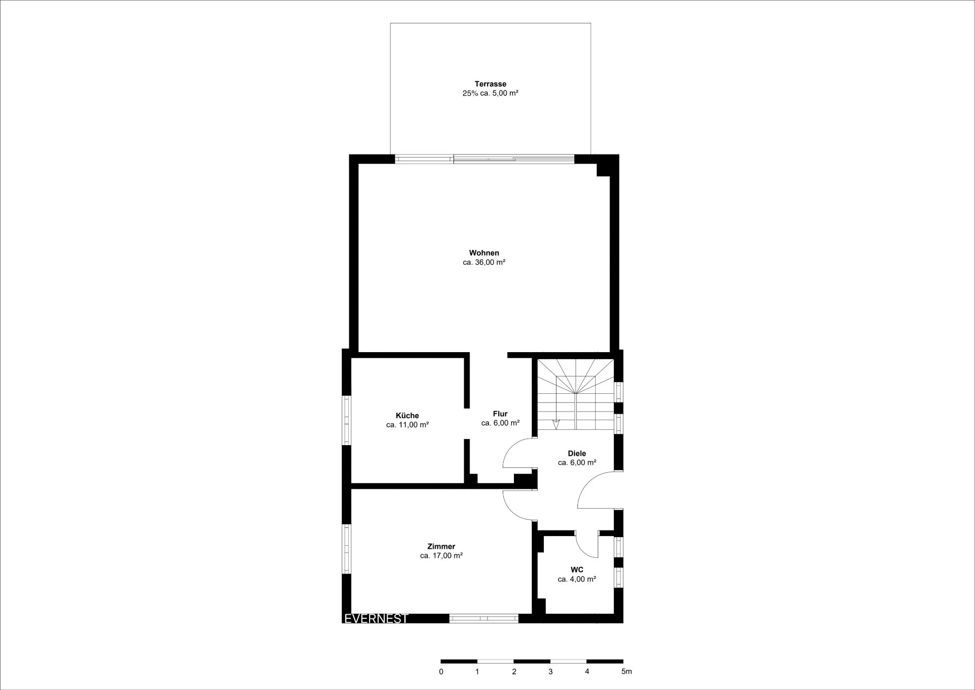 Grundriss mit Wohnzimmer, Küche, Zimmer, WC, Flur, Diele und Terrasse.