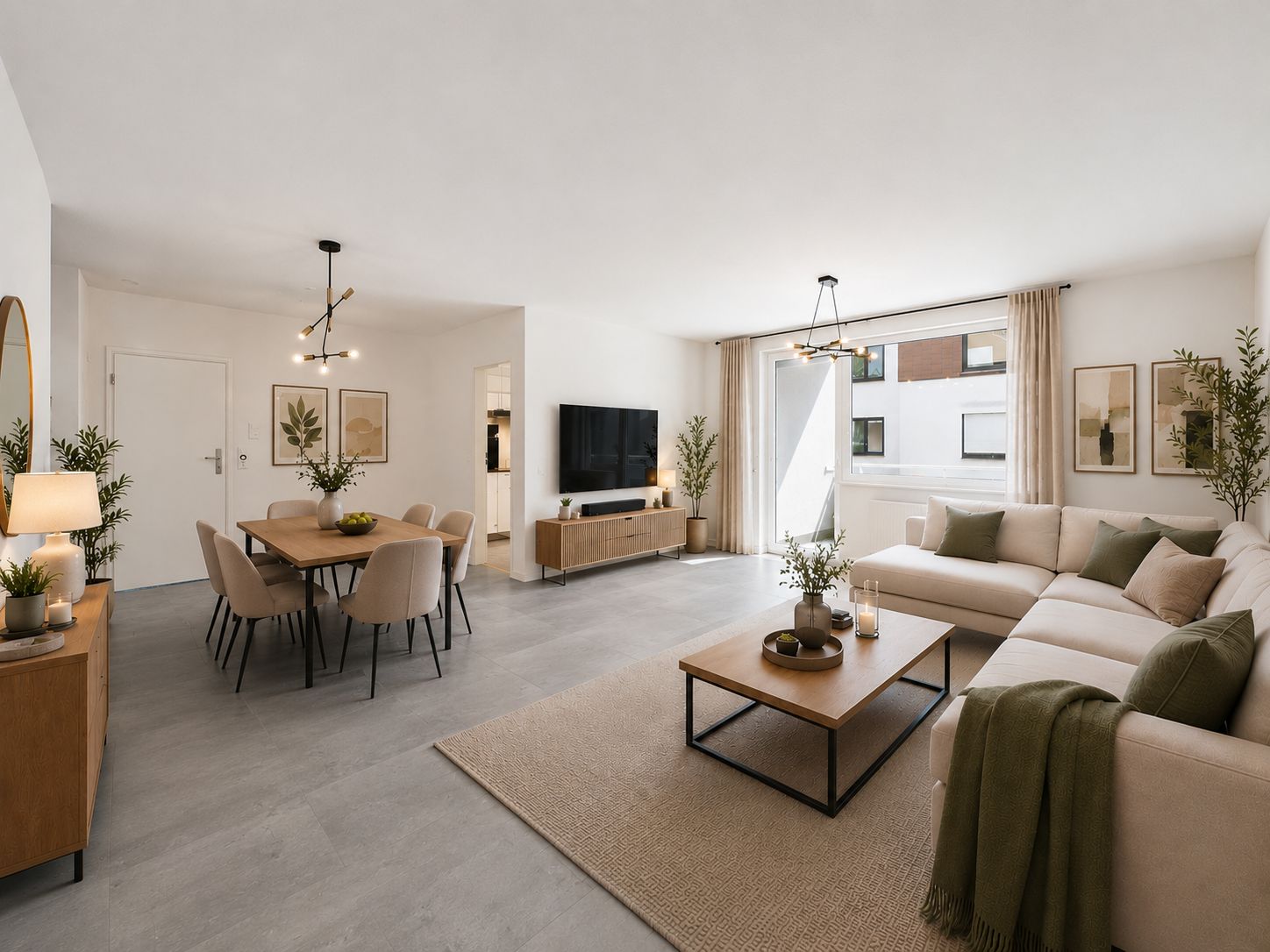 Helles Wohnzimmer mit Ecksofa, Esstisch, Fernseher und großen Fenstern.