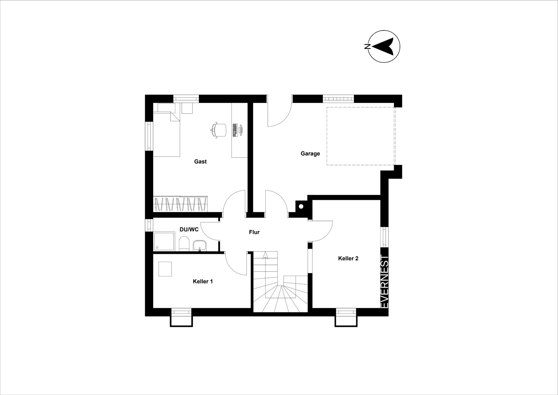 Grundriss einer Etage mit Garage, Gästezimmer, Flur, Bad und zwei Kellerräumen.