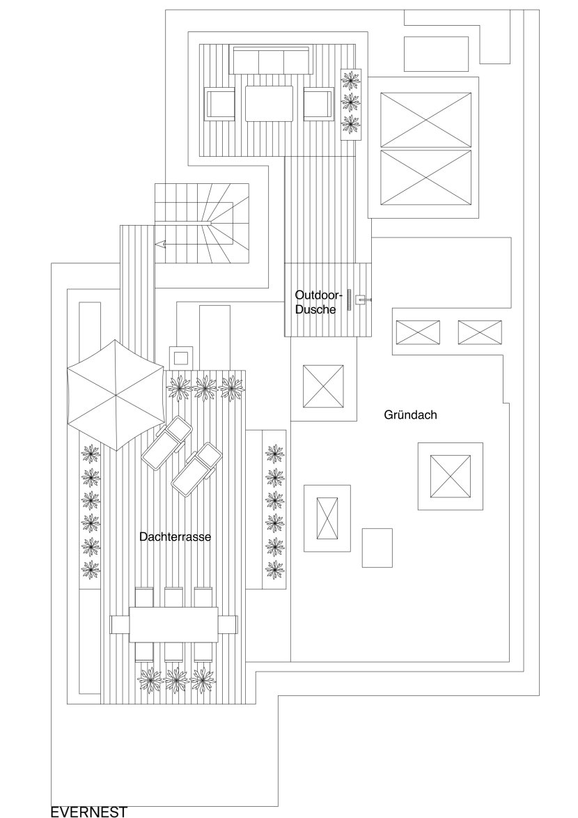 Grundriss einer Dachterrasse mit Sitzbereich, Liegen, Esstisch, Pflanzen und Außendusche.