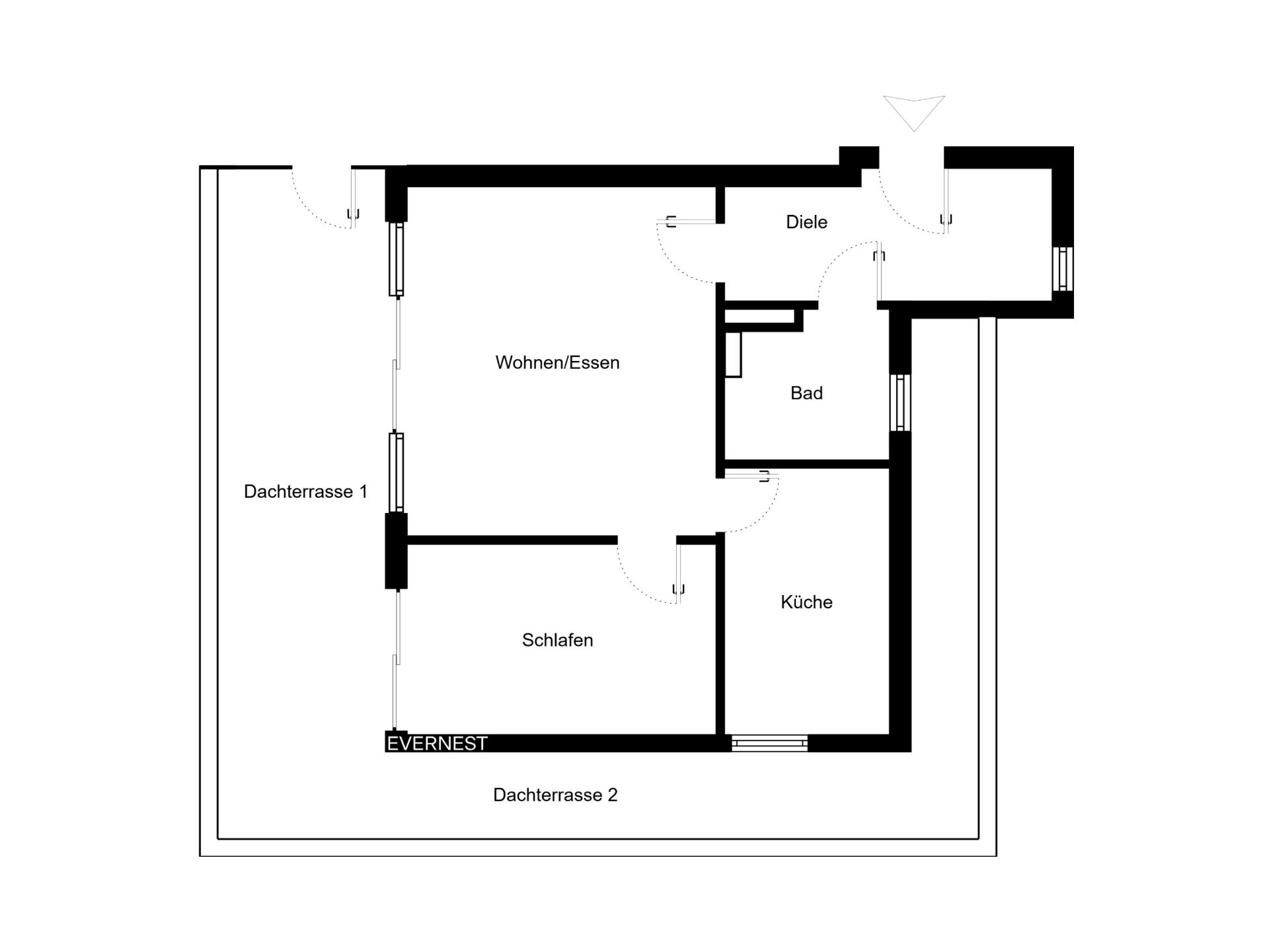 Grundriss einer Wohnung mit Schlafzimmer, Bad, Küche, Wohnen/Essen und zwei Dachterrassen.
