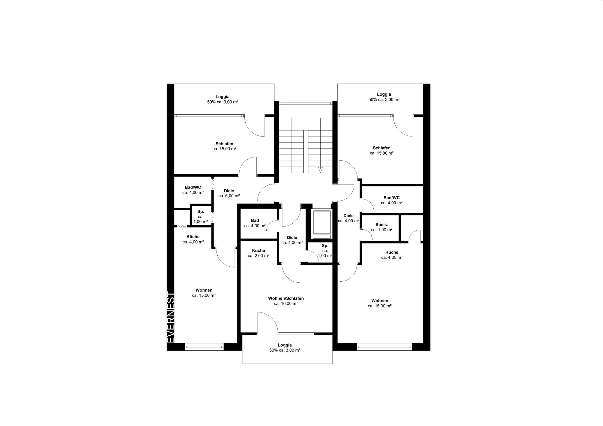 Wohnungsgrundriss mit mehreren Zimmern, Küchen, Bädern und Loggien, Räume sind beschriftet.