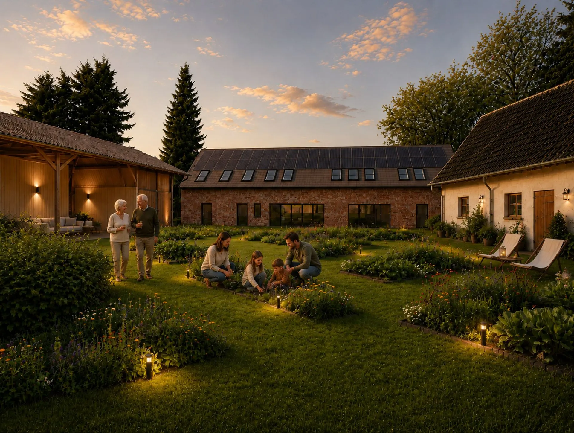 Mehrere Menschen stehen und sitzen im beleuchteten Garten zwischen zwei Wohnhäusern bei Sonnenuntergang.