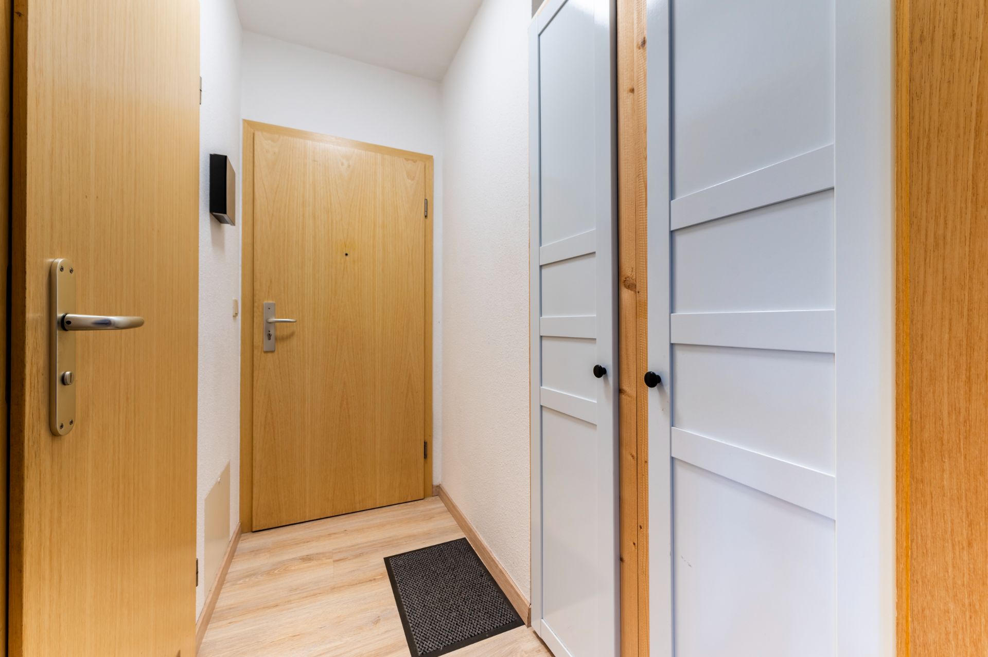 Kleiner Flur mit Holztür, Holzfußboden, weißem Schrank und dunkler Fußmatte.