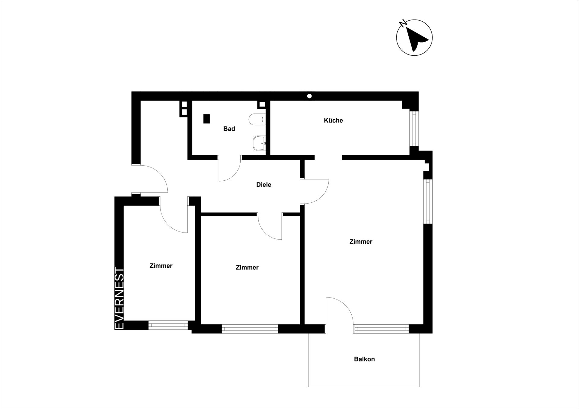 Grundriss einer Wohnung mit drei Zimmern, Küche, Bad, Diele und Balkon.