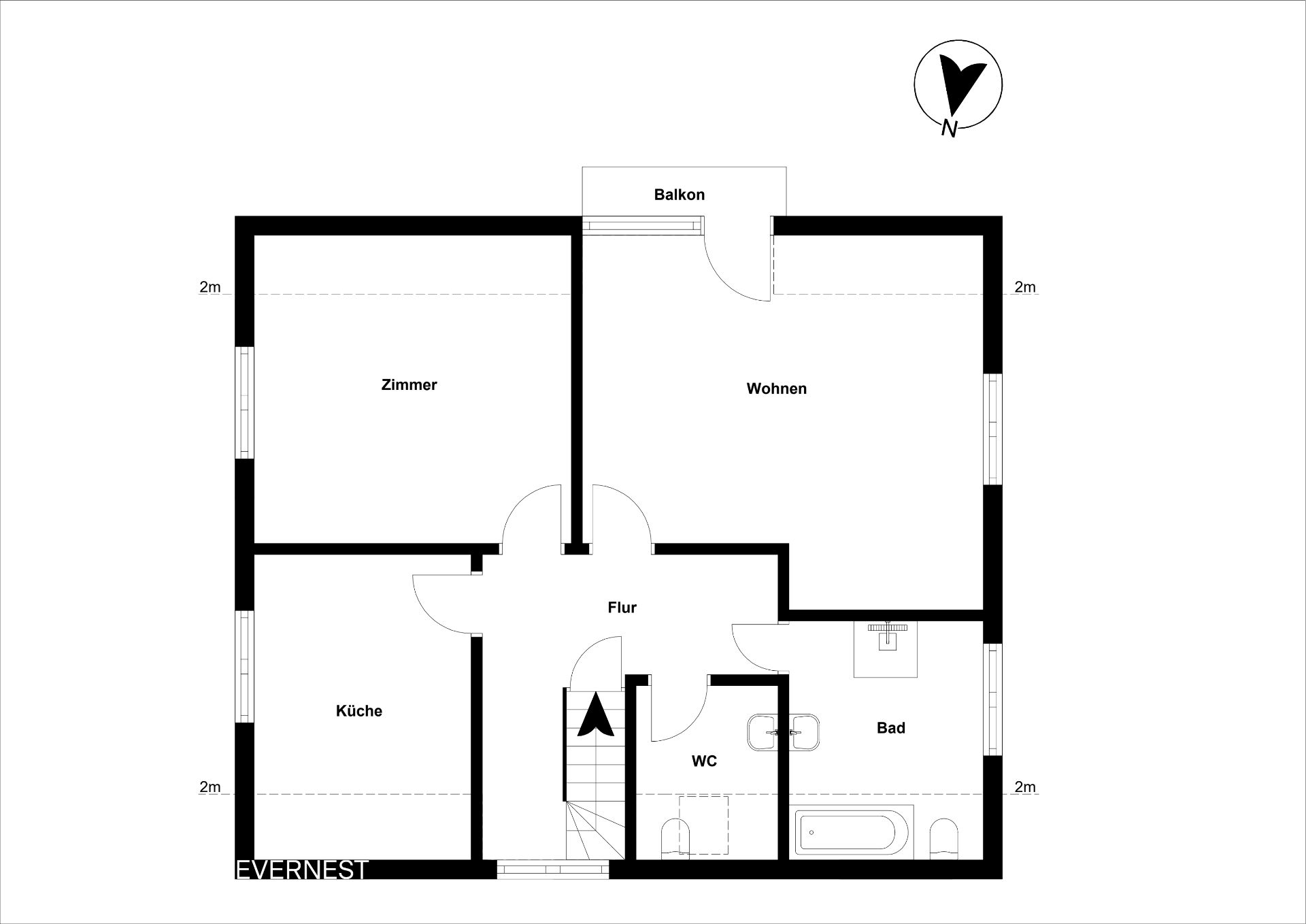 Grundriss einer Wohnung mit Zimmer, Wohnzimmer, Küche, Flur, Bad, WC und Balkon.