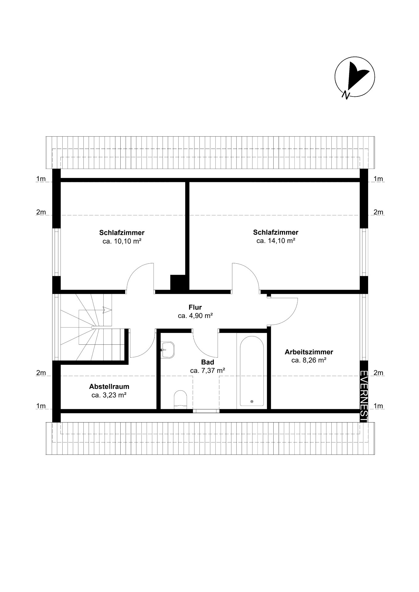 Grundriss mit zwei Schlafzimmern, Arbeitszimmer, Bad, Abstellraum und Flur.