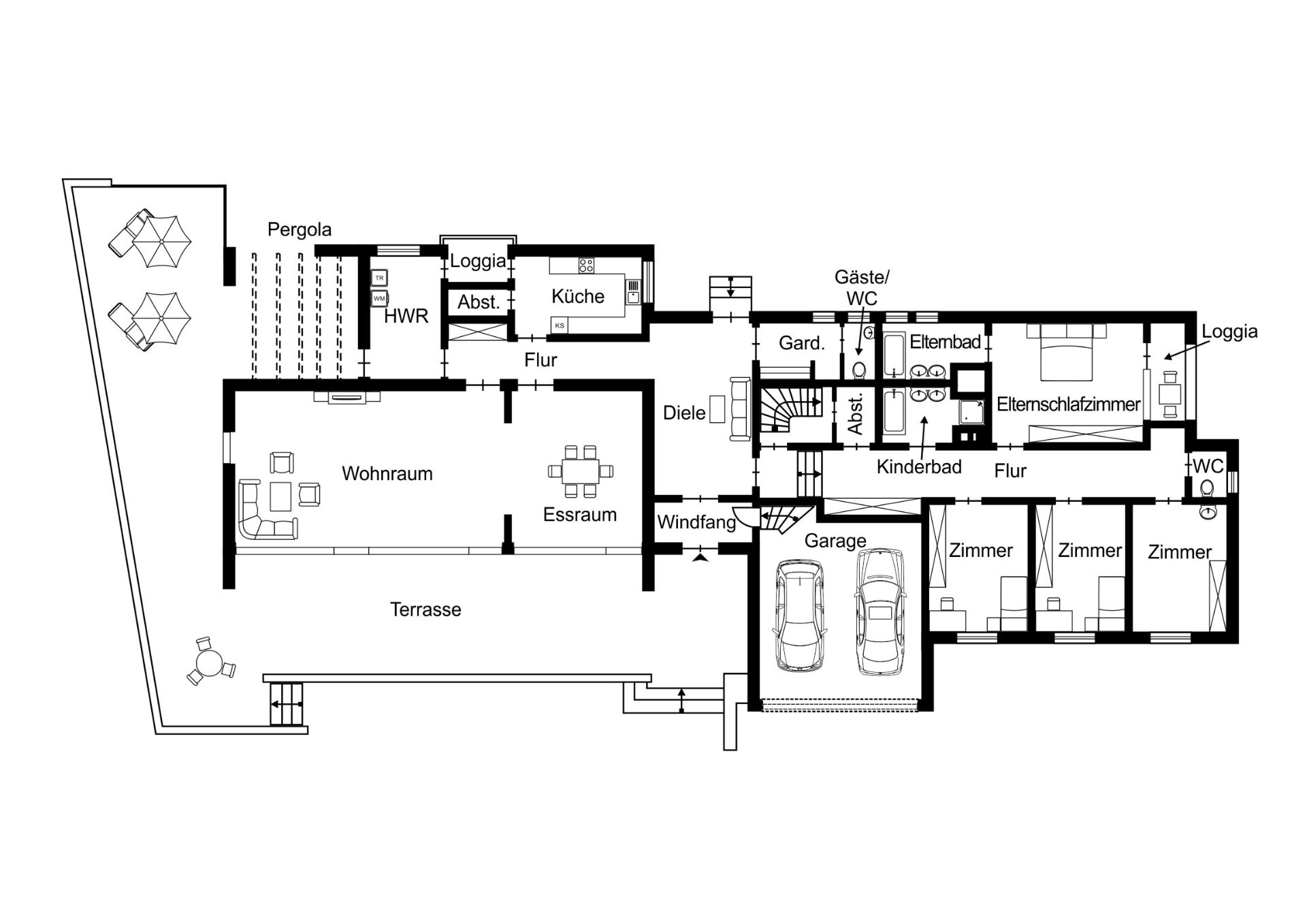 Grundriss eines Wohnhauses mit Wohnzimmer, Essbereich, Küche, Schlafzimmern, Bädern, Garage und Terrasse.