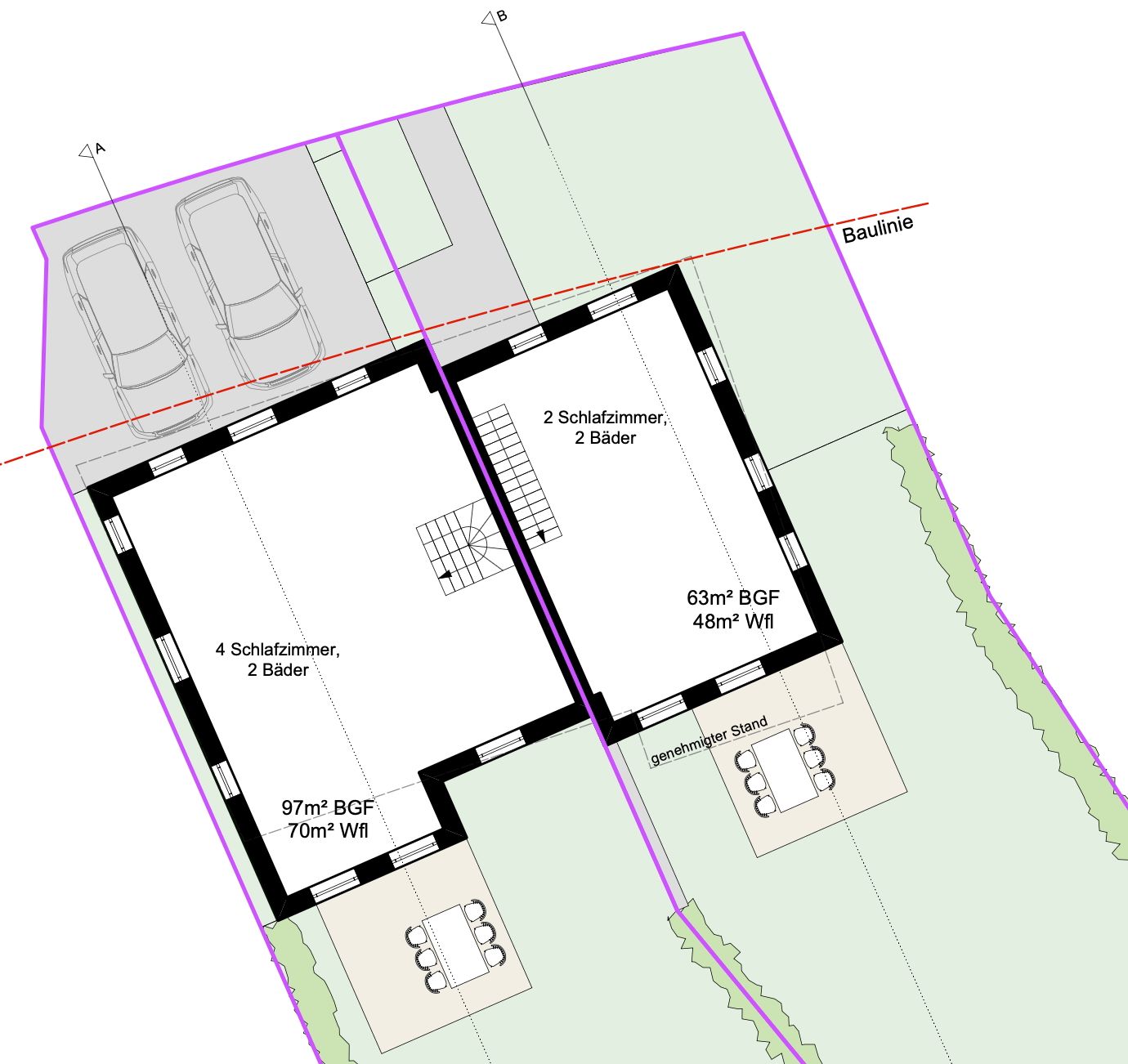 Grundriss von zwei nebeneinanderliegenden Wohnhäusern mit Terrasse und Parkplatz für Autos.