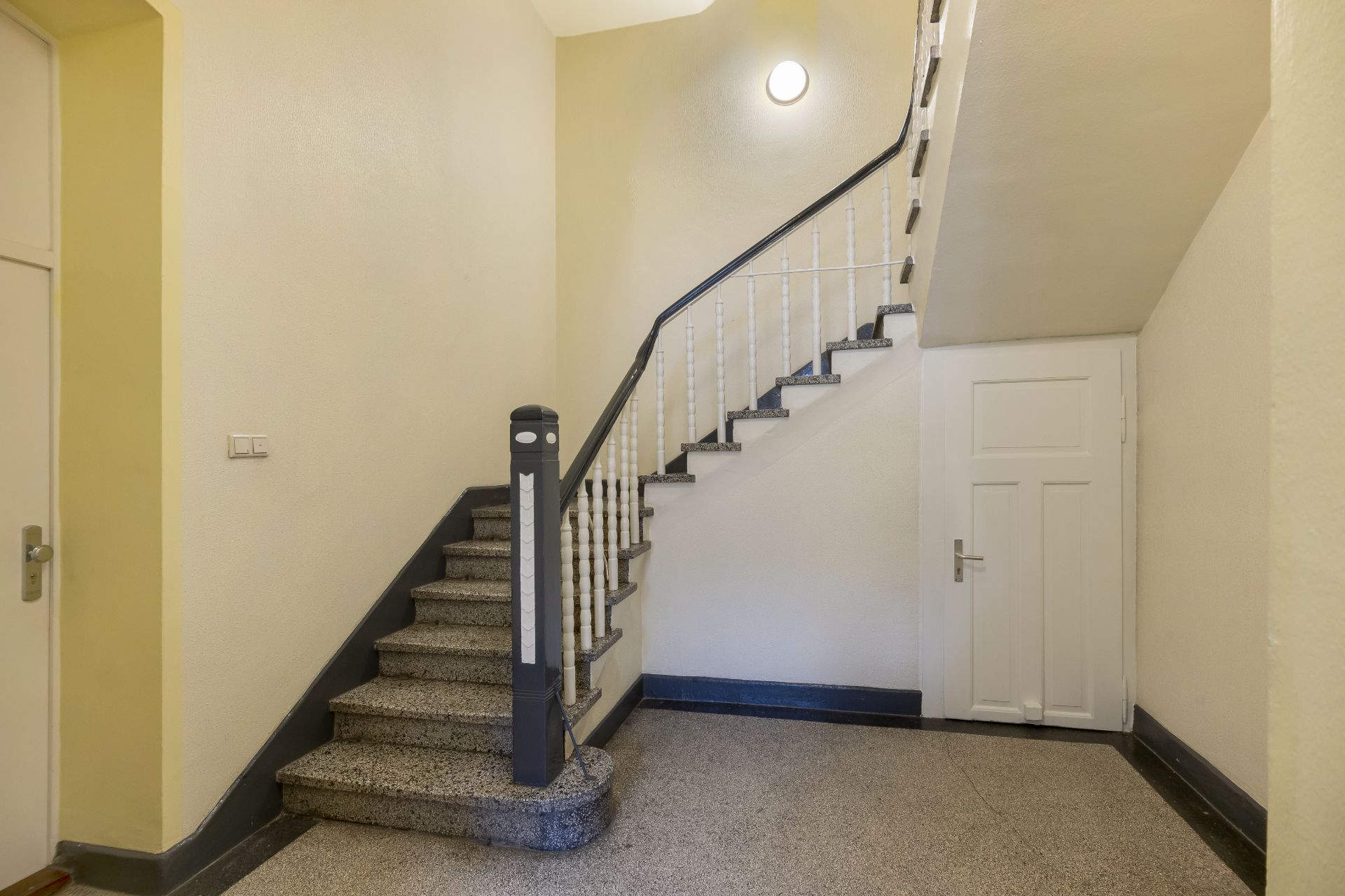 Treppenhaus mit Steintreppe, weißem Geländer und weißer Tür unter der Treppe.