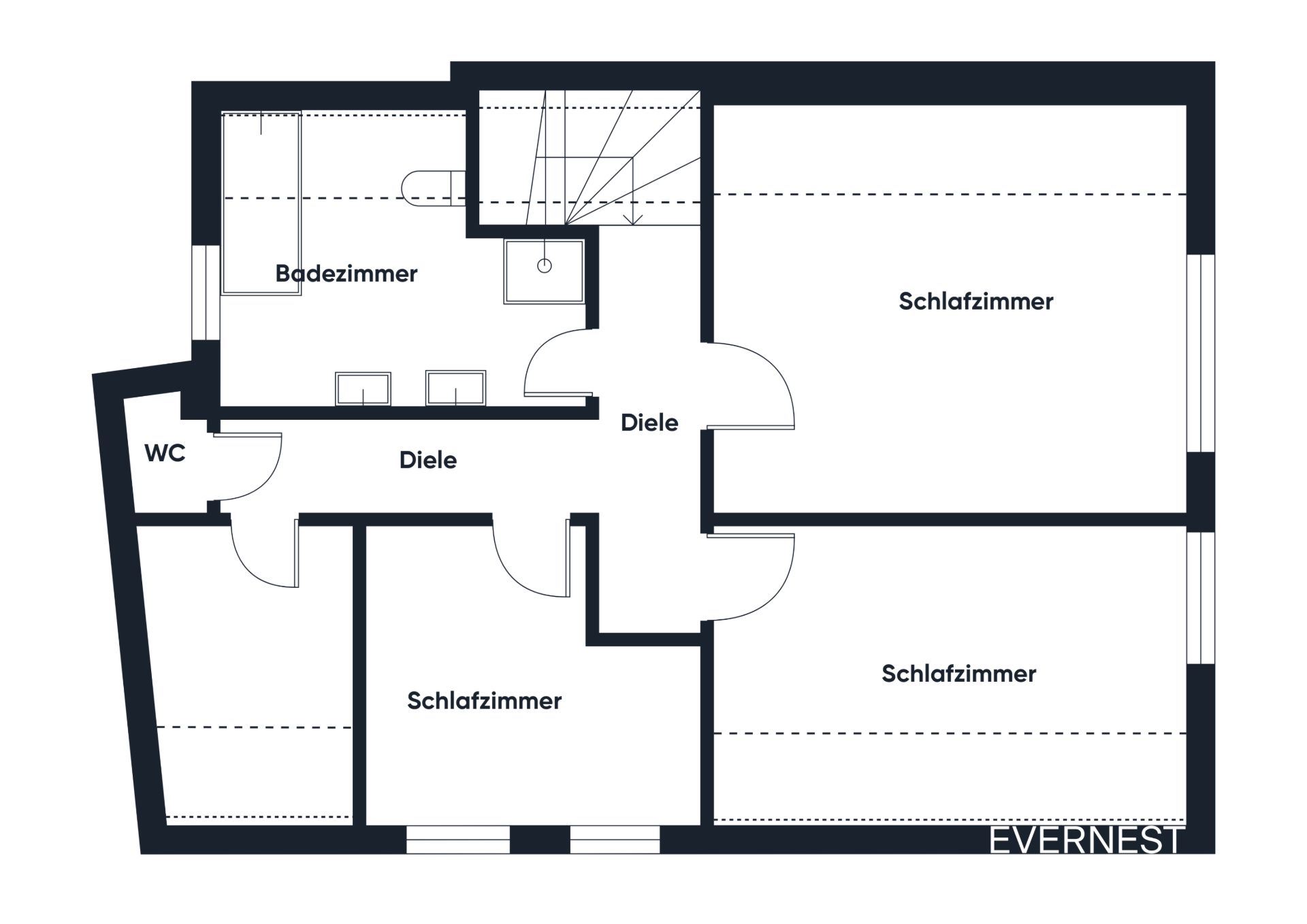 Grundriss mit drei Schlafzimmern, Bad, WC und Flur.