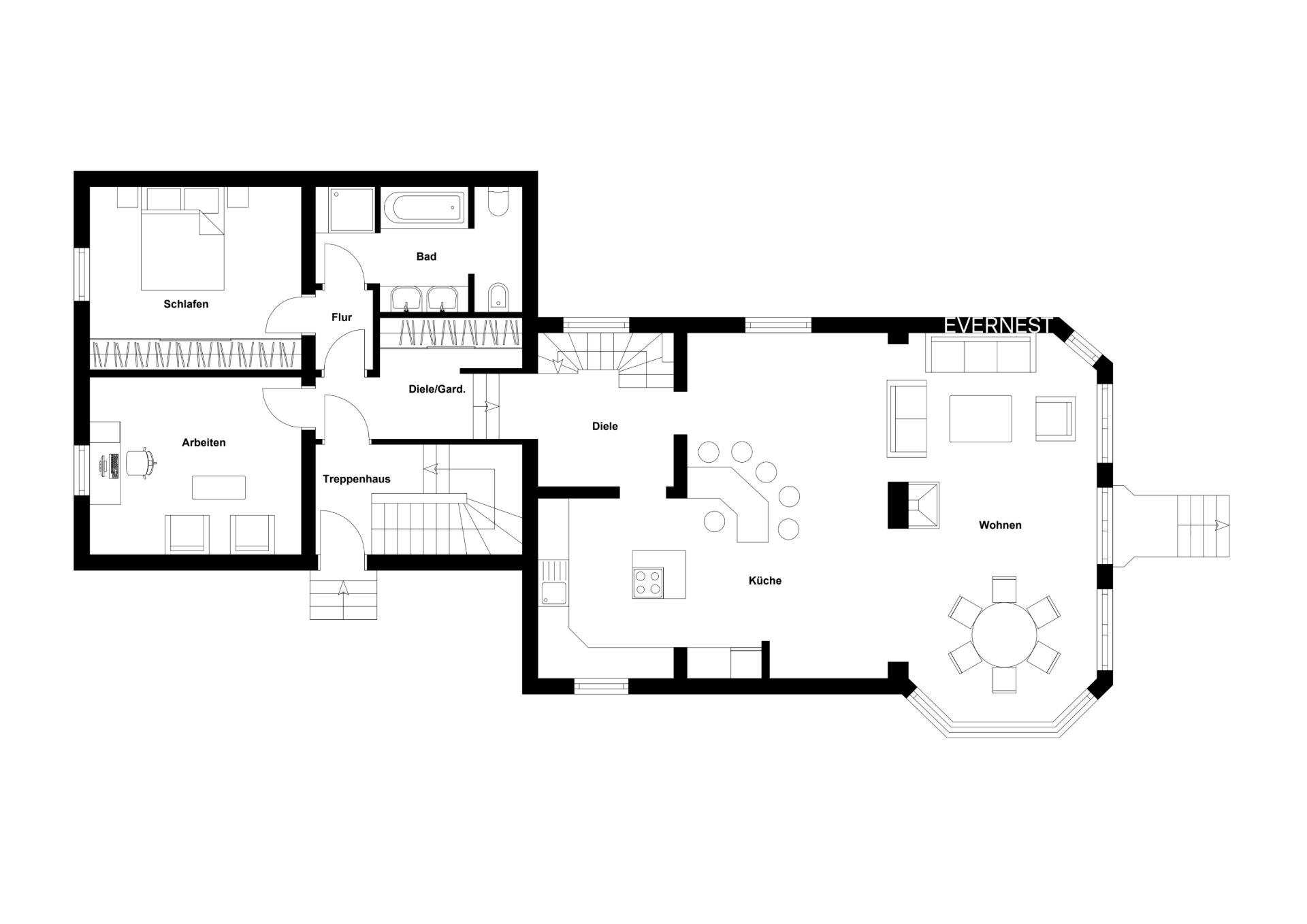 Grundriss einer Wohnung mit Küche, Wohnzimmer, Schlafzimmer, Bad und Arbeitszimmer.