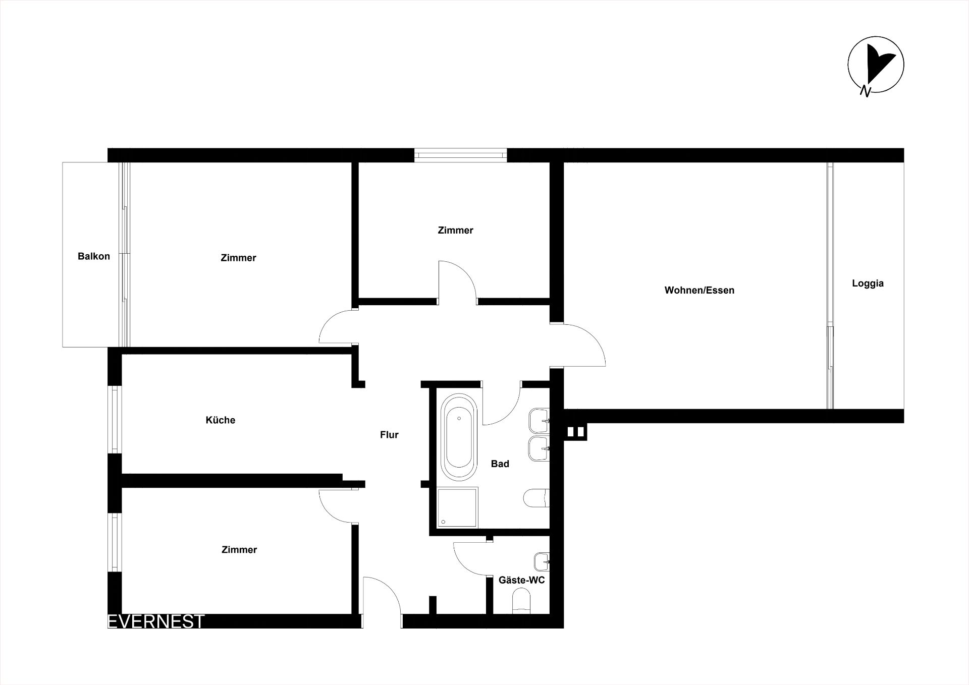 Grundriss einer Wohnung mit drei Zimmern, Küche, Bad, Gäste-WC, Balkon und Loggia.