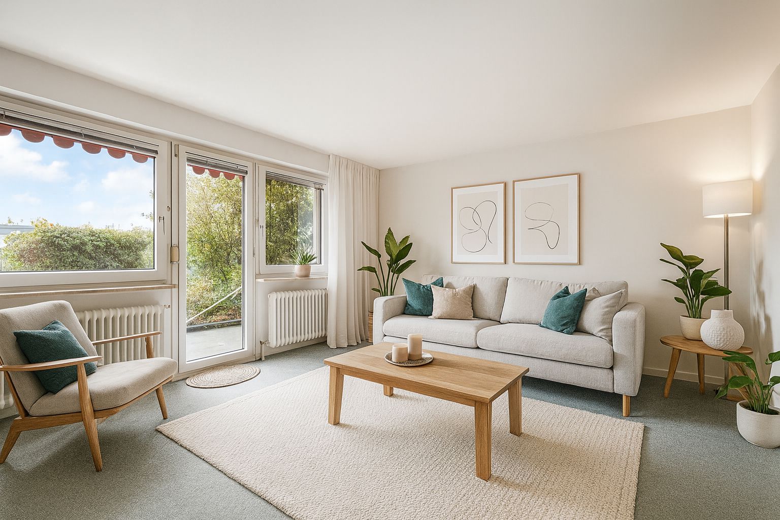Helles Wohnzimmer mit Sofa, Sessel, Couchtisch und großen Fenstern, dekoriert mit Pflanzen.