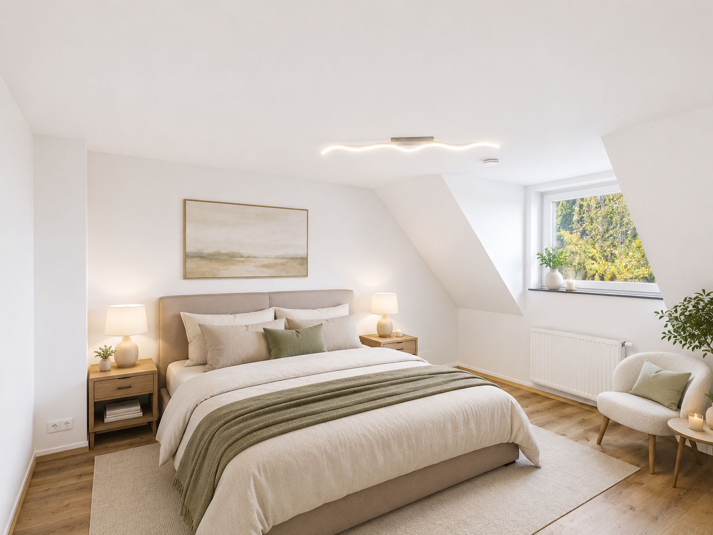 Helles Schlafzimmer mit Doppelbett, Nachttischen, Sessel und großem Fenster mit Pflanzen.