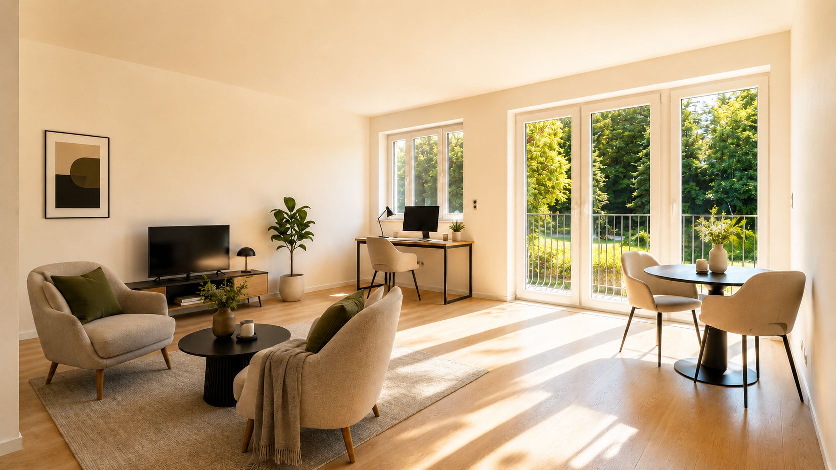Helles Wohnzimmer mit Sitzecke, Schreibtisch, Esstisch und großen Fenstern mit Blick ins Grüne.