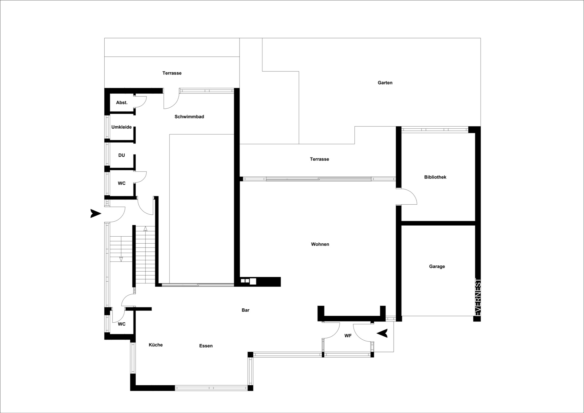 Grundriss eines Wohnhauses mit Schwimmbad, Küche, Essbereich, Bibliothek und Garage.