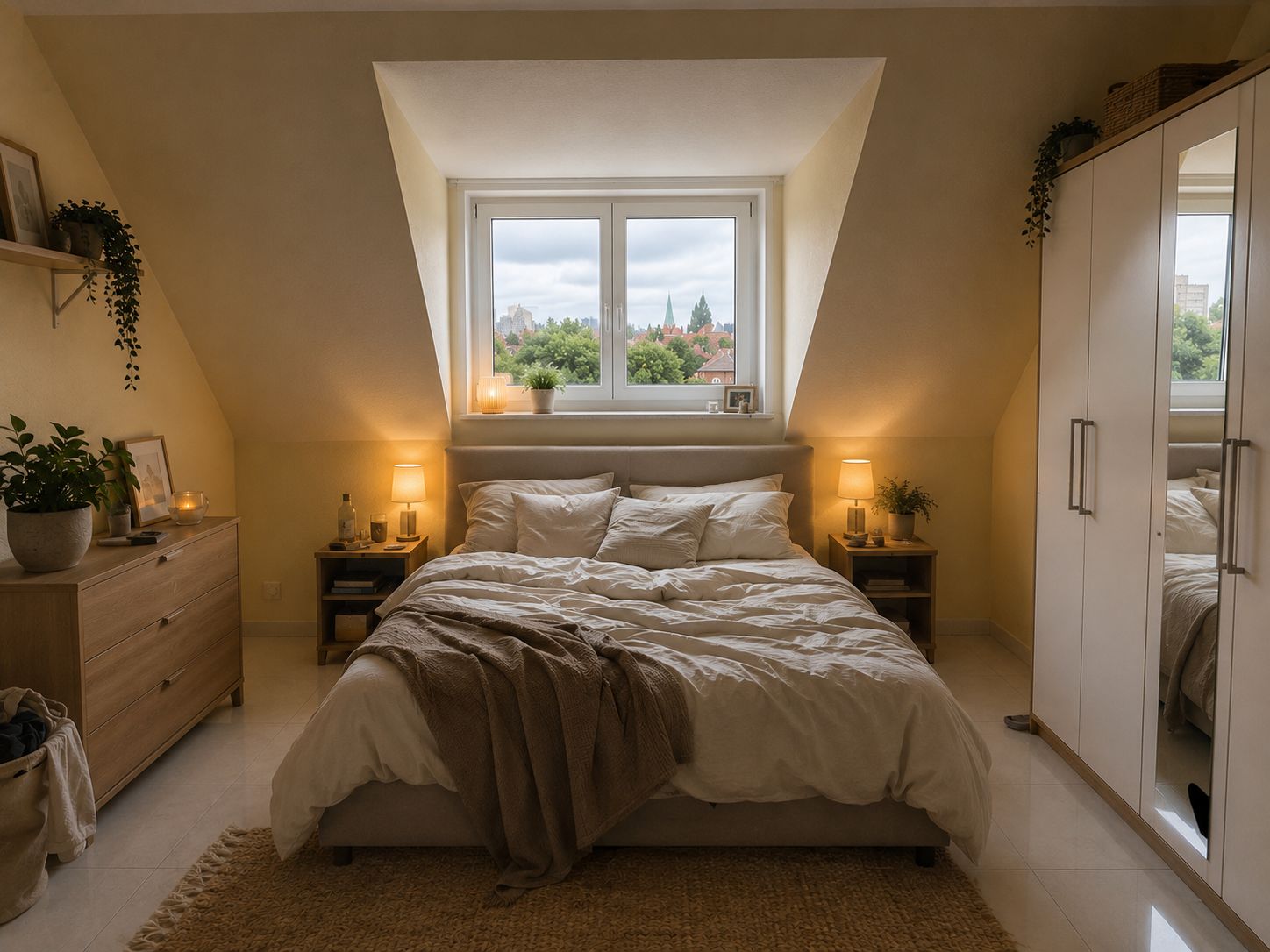 Gemütliches Schlafzimmer mit Doppelbett, Kommode, Kleiderschrank und Fenster mit Blick nach draußen.
