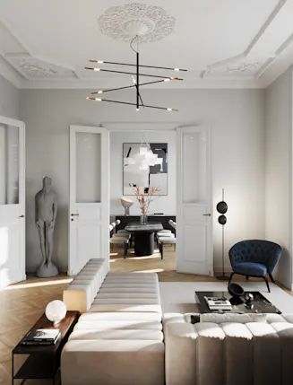 Modernes Wohnzimmer mit Sofa, blauem Sessel, Couchtisch und Kronleuchter, großes Fenster mit weißen Vorhängen.