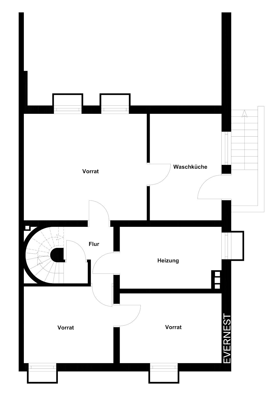 Grundriss mit mehreren Vorratsräumen, Waschküche, Heizung und Flur.