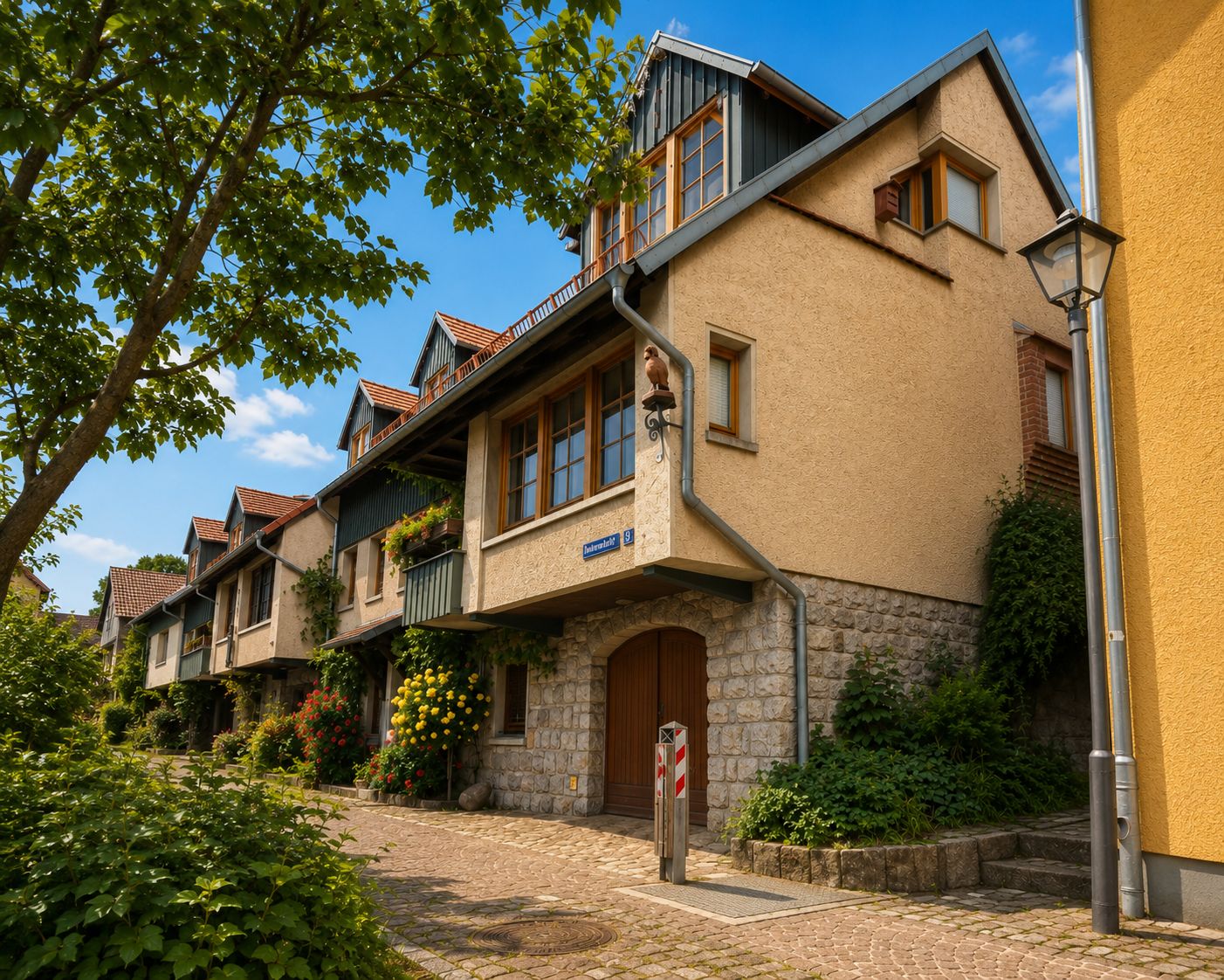 Reihenhäuser mit bepflanztem Vorgarten und Kopfsteinpflasterweg bei sonnigem Wetter.
