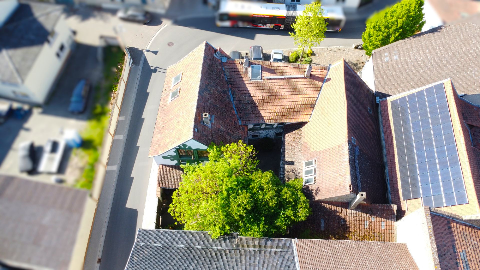 Luftaufnahme eines Wohnhauses mit Ziegeldach, Hof und grünem Baum in der Mitte.