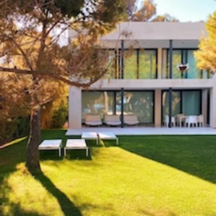 Moderne zweistöckige Wohnhausfassade mit großen Fenstern und Garten mit Liegen und Bäumen.