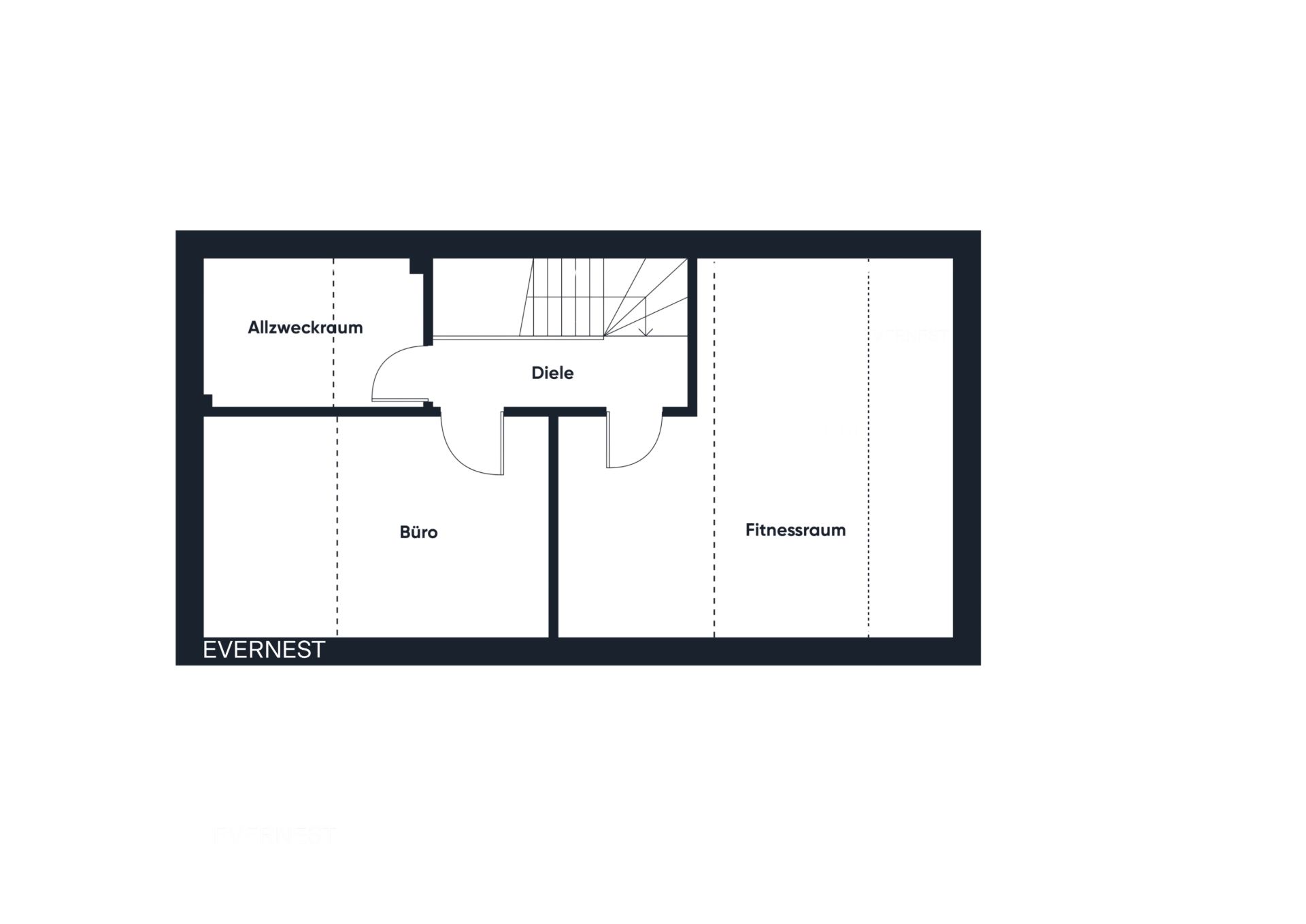 Grundriss mit Allzweckraum, Büro, Diele und Fitnessraum.