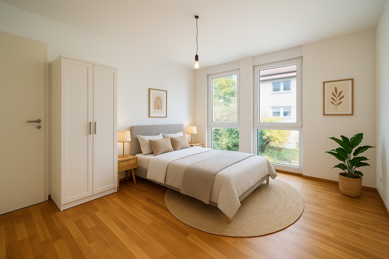 Helles Schlafzimmer mit Doppelbett, Kleiderschrank, zwei Fenstern und Zimmerpflanze auf Holzfußboden.