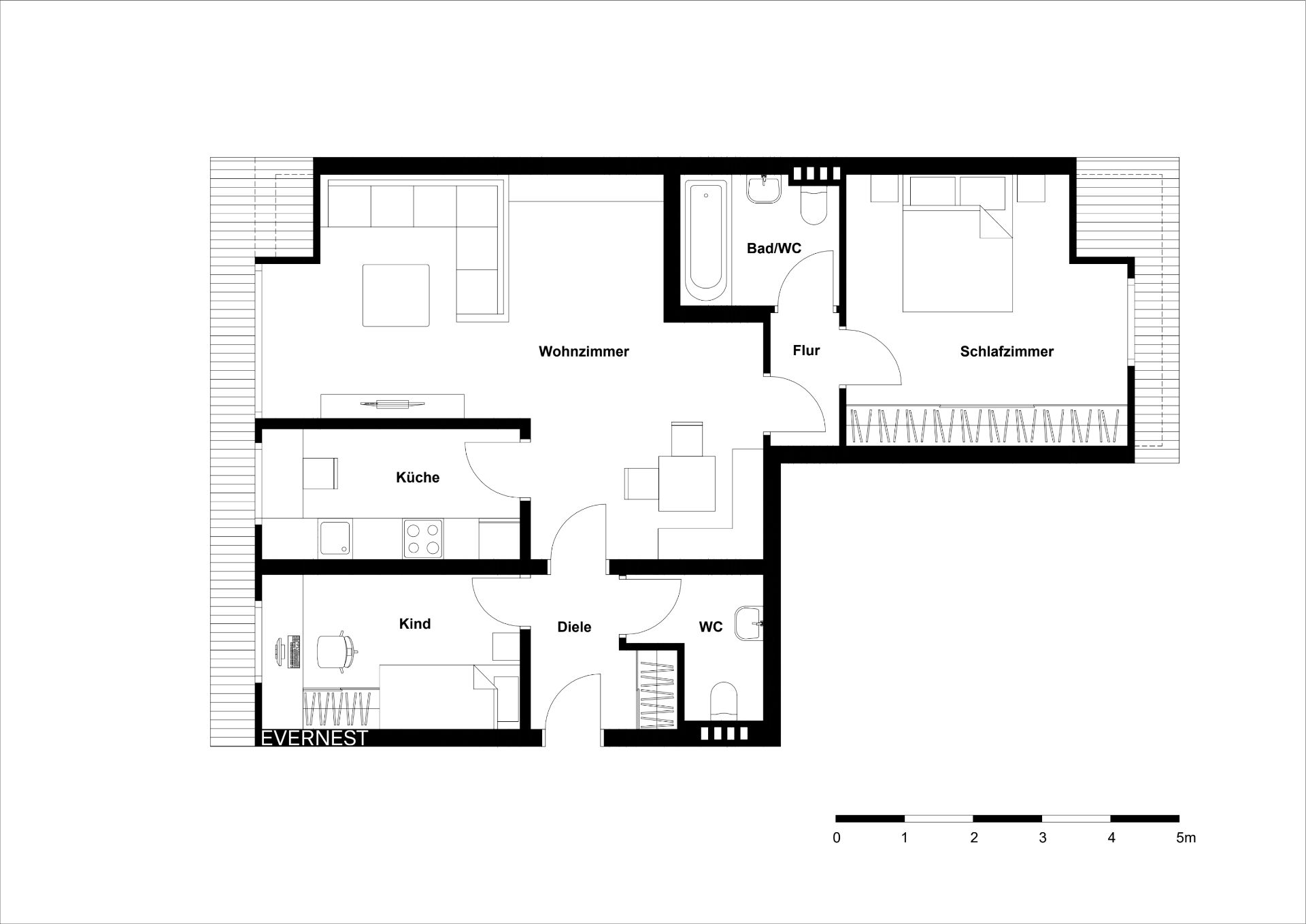 Grundriss einer Wohnung mit Wohnzimmer, Schlafzimmer, Küche, Kinderzimmer, Bad und WC.