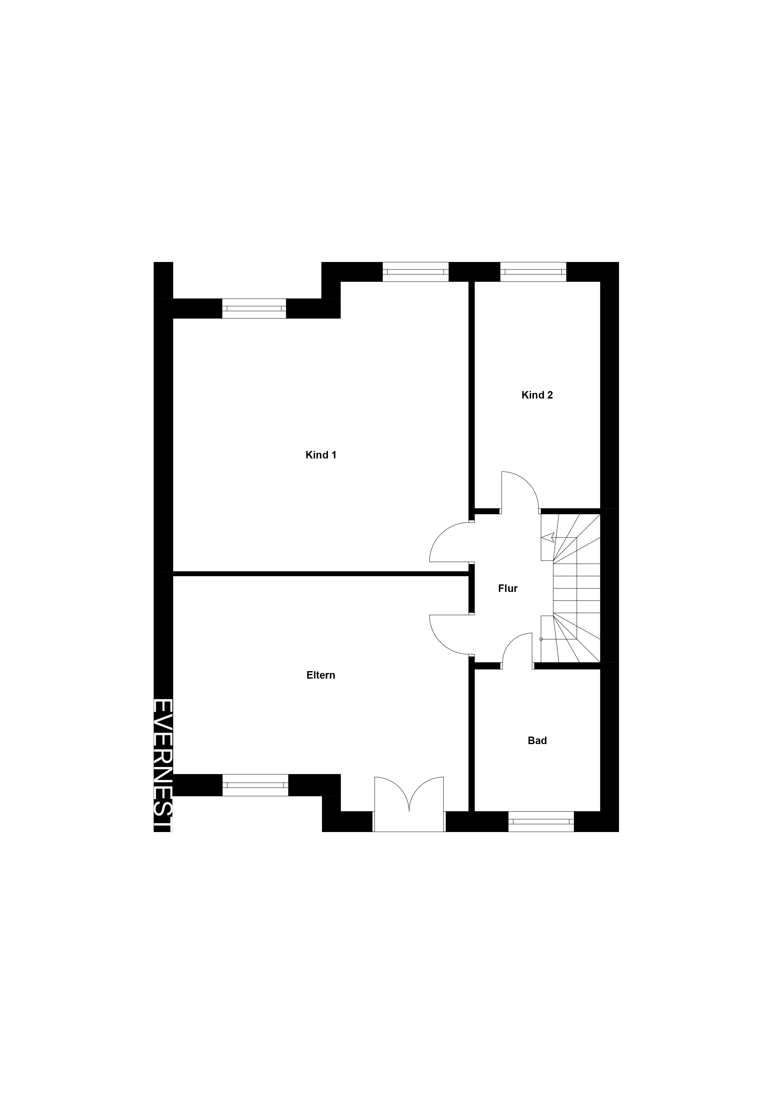 Grundriss mit Elternschlafzimmer, zwei Kinderzimmern, Flur und Bad.