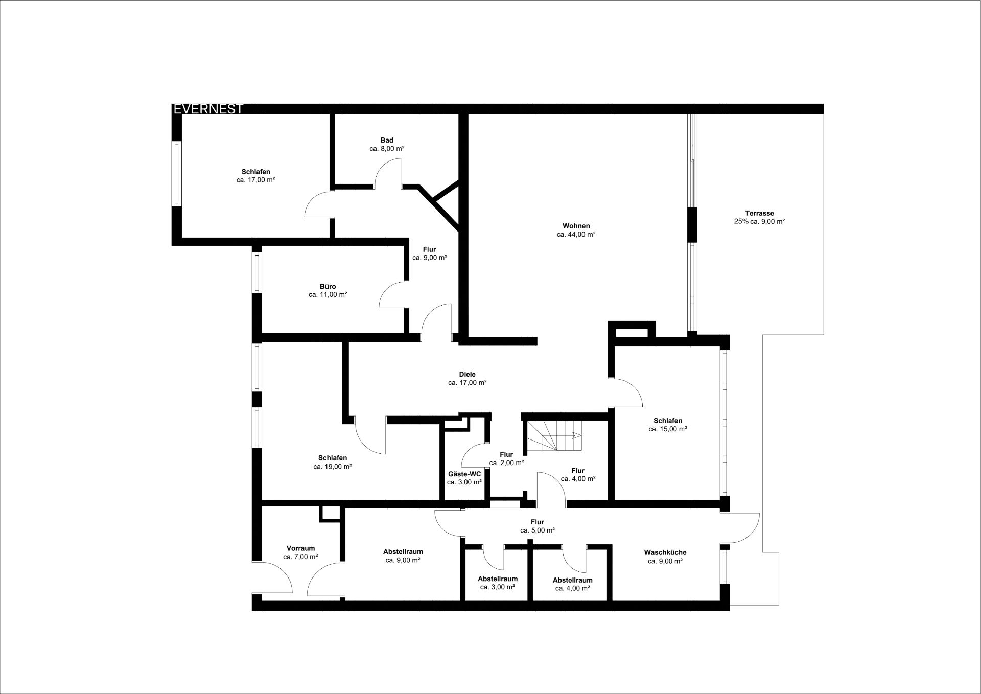 Grundriss einer Wohnung mit mehreren Schlaf-, Wohn- und Nebenräumen sowie Terrasse.