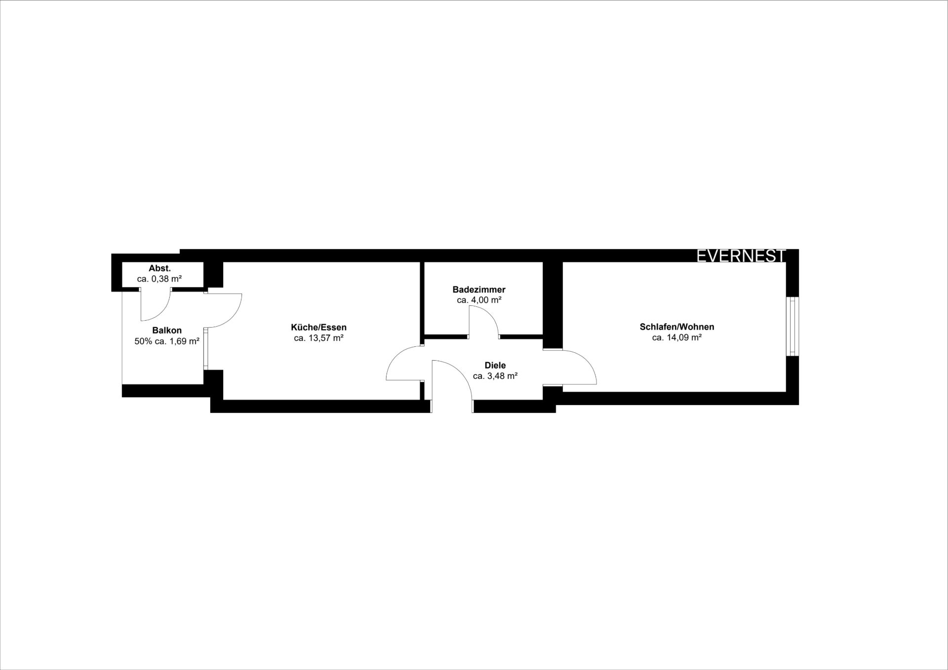 Grundriss einer Wohnung mit Küche, Bad, Abstellraum, Balkon und Wohn-Schlafzimmer.