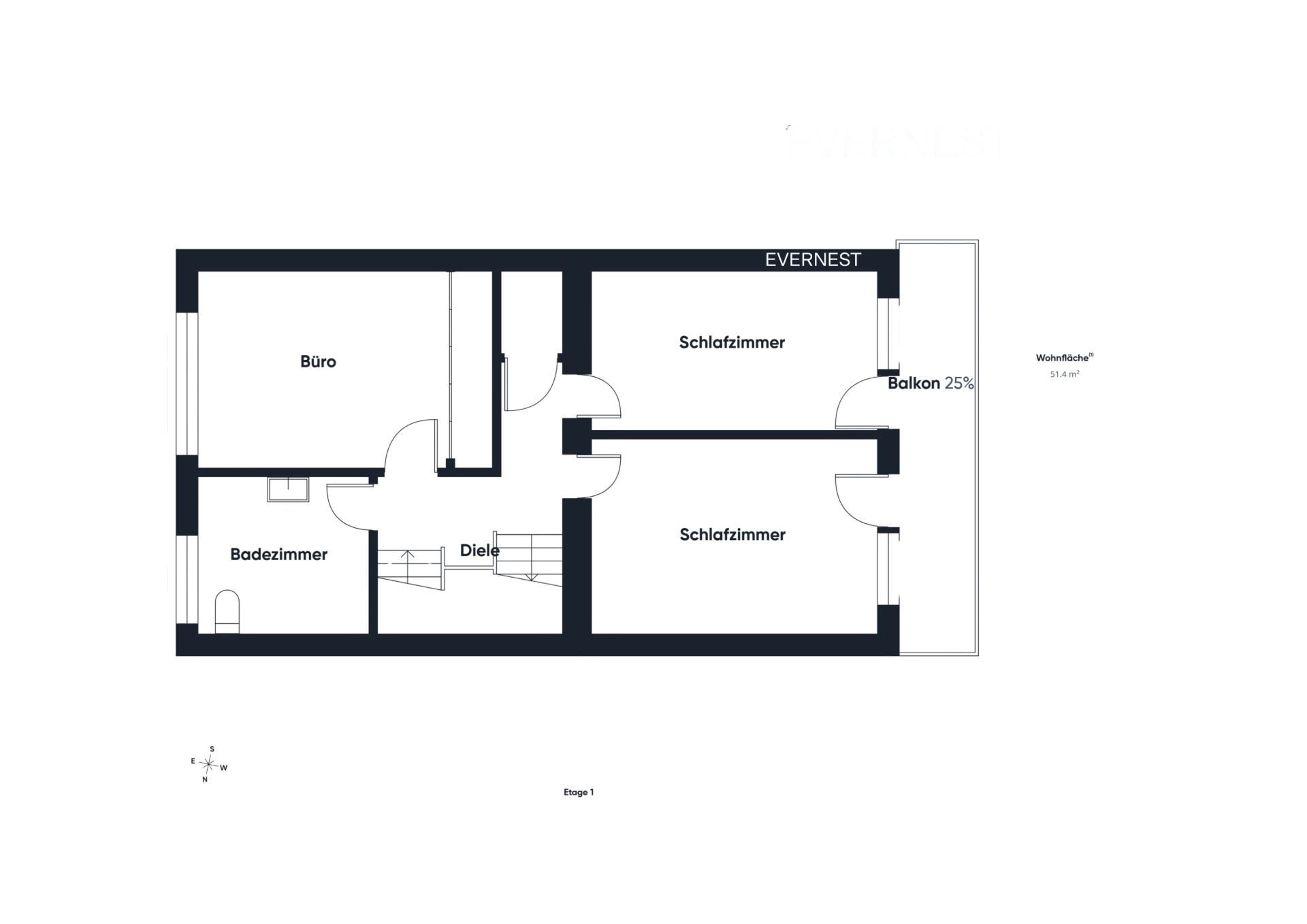 Grundriss mit Büro, Badezimmer, Diele, zwei Schlafzimmern und einem Balkon.