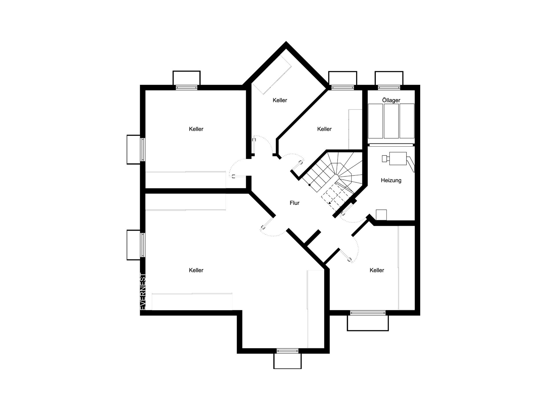 Grundriss eines Kellers mit mehreren Kellerräumen, Flur, Heizungsraum und Öllager.