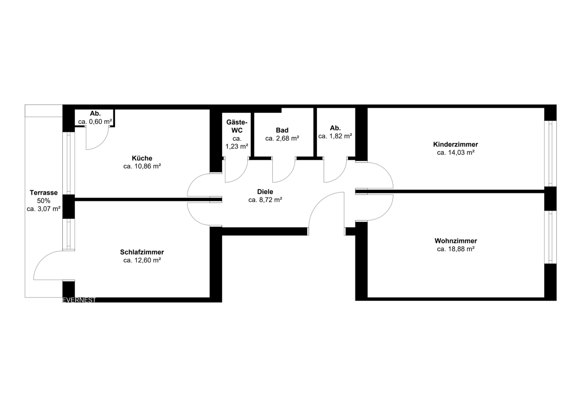 Grundriss einer Wohnung mit Schlafzimmer, Wohnzimmer, Kinderzimmer, Küche, Bad, WC und Terrasse.