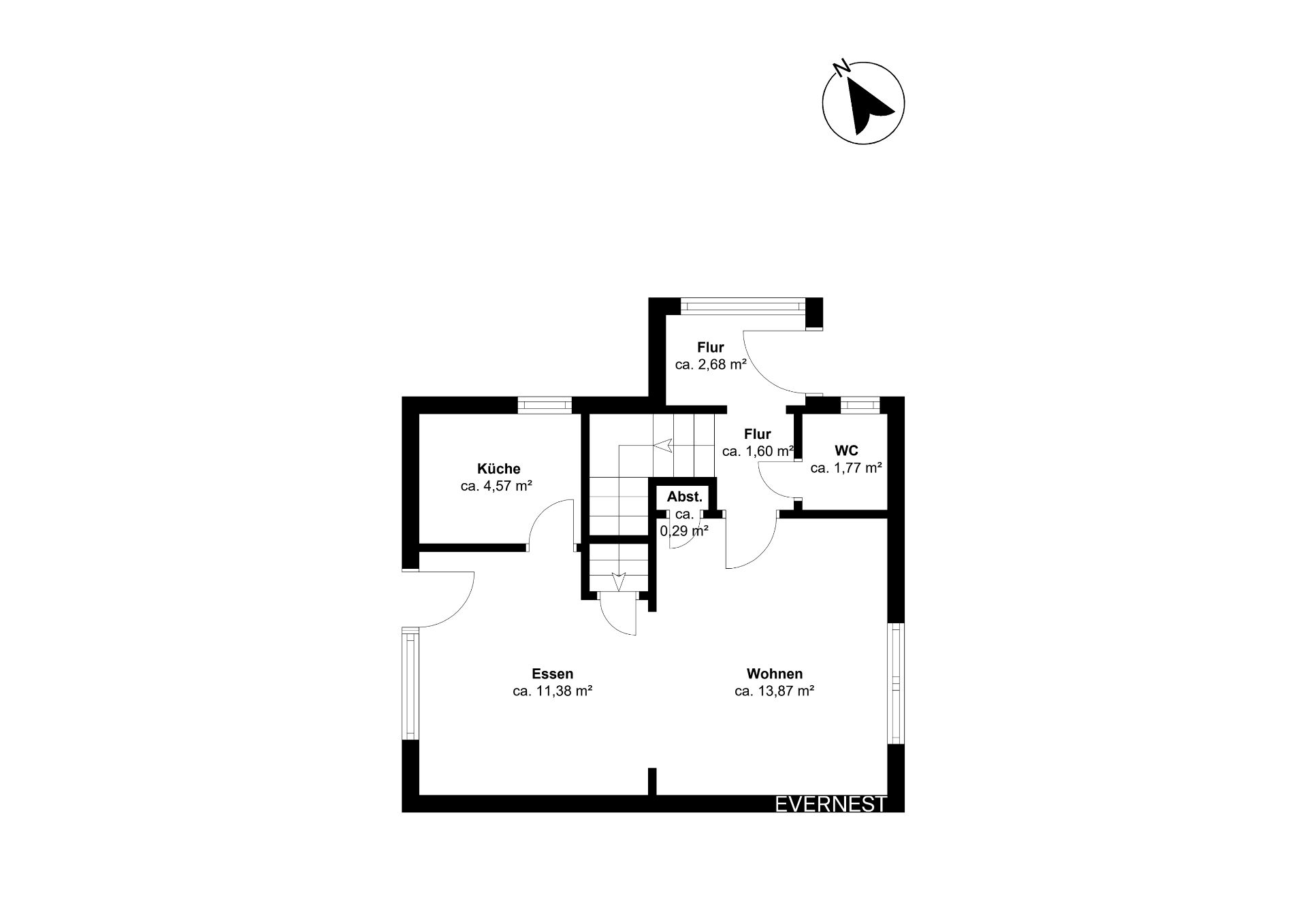 Grundriss mit Küche, Essen, Wohnen, Flur, WC und Abstellraum, jeweils mit Quadratmeterangaben.
