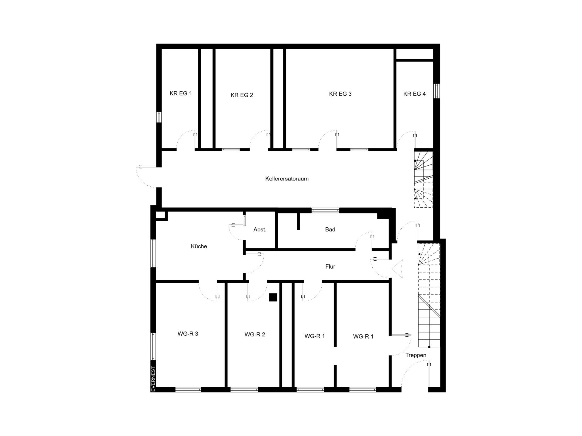 Grundriss einer Wohnung mit Flur, Bad, Küche, mehreren Zimmern und Treppenbereich.